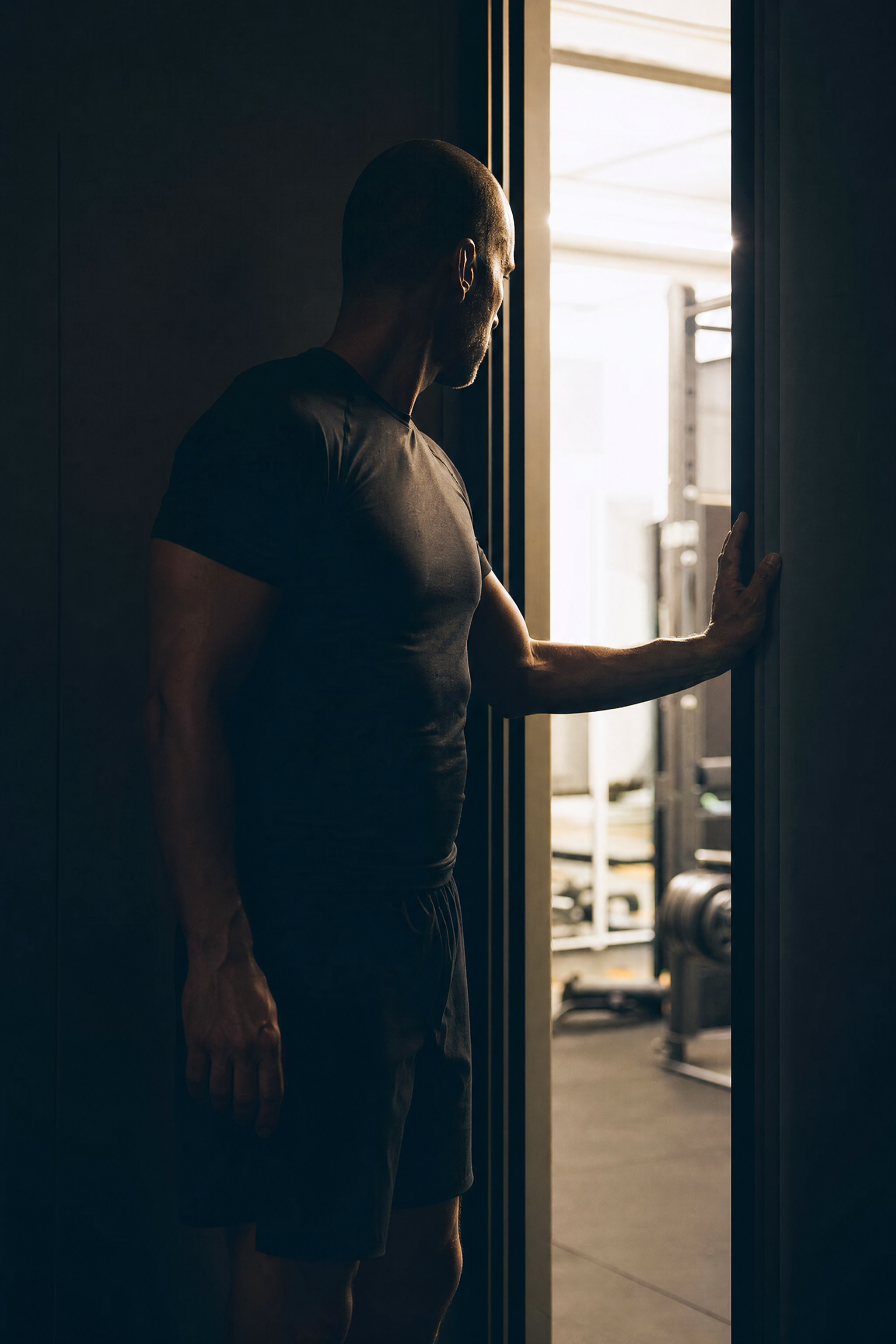 A man stepping back from a doorway in subdued light