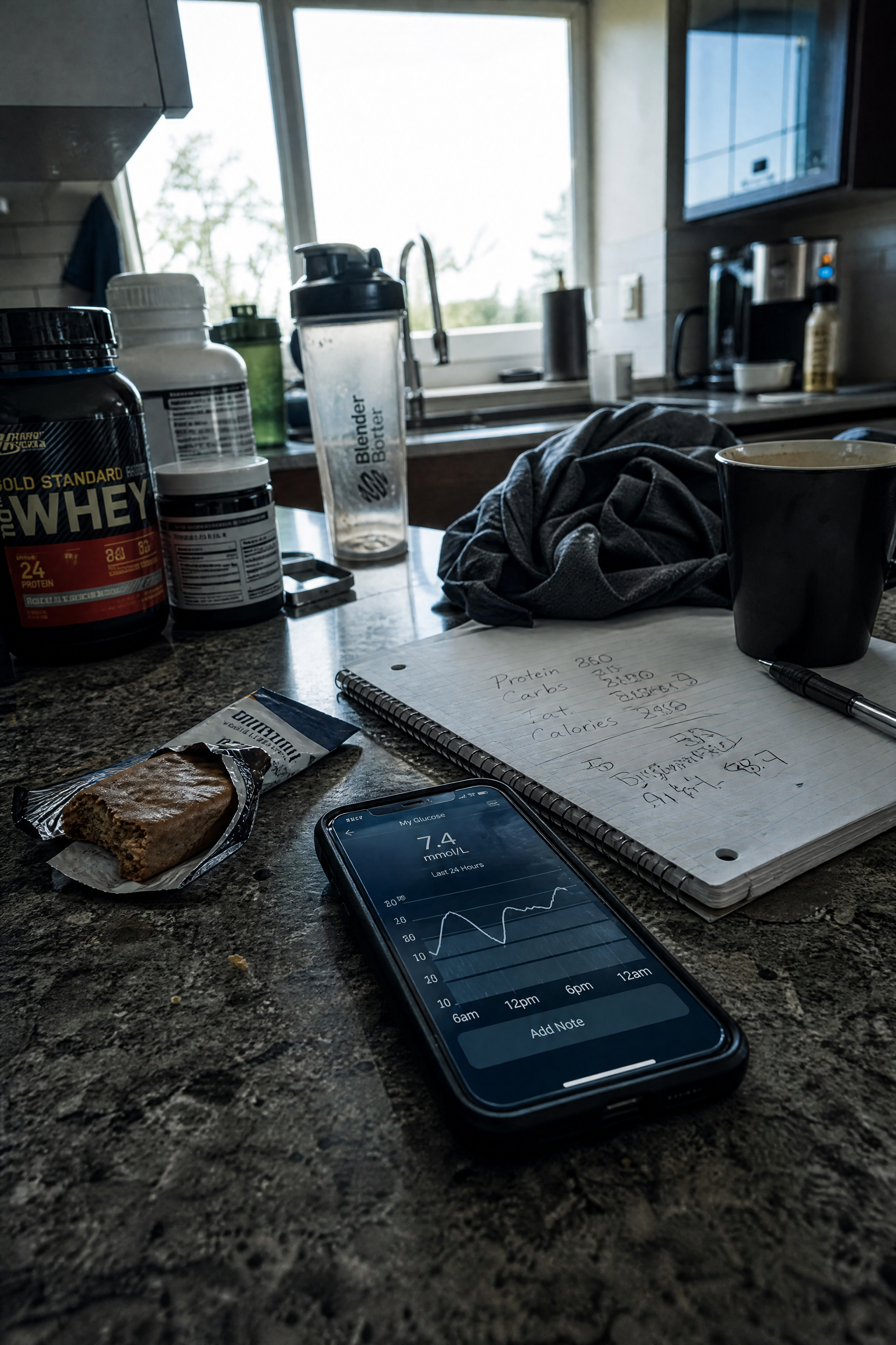 A chaotic kitchen counter with food, phone, and gym gear