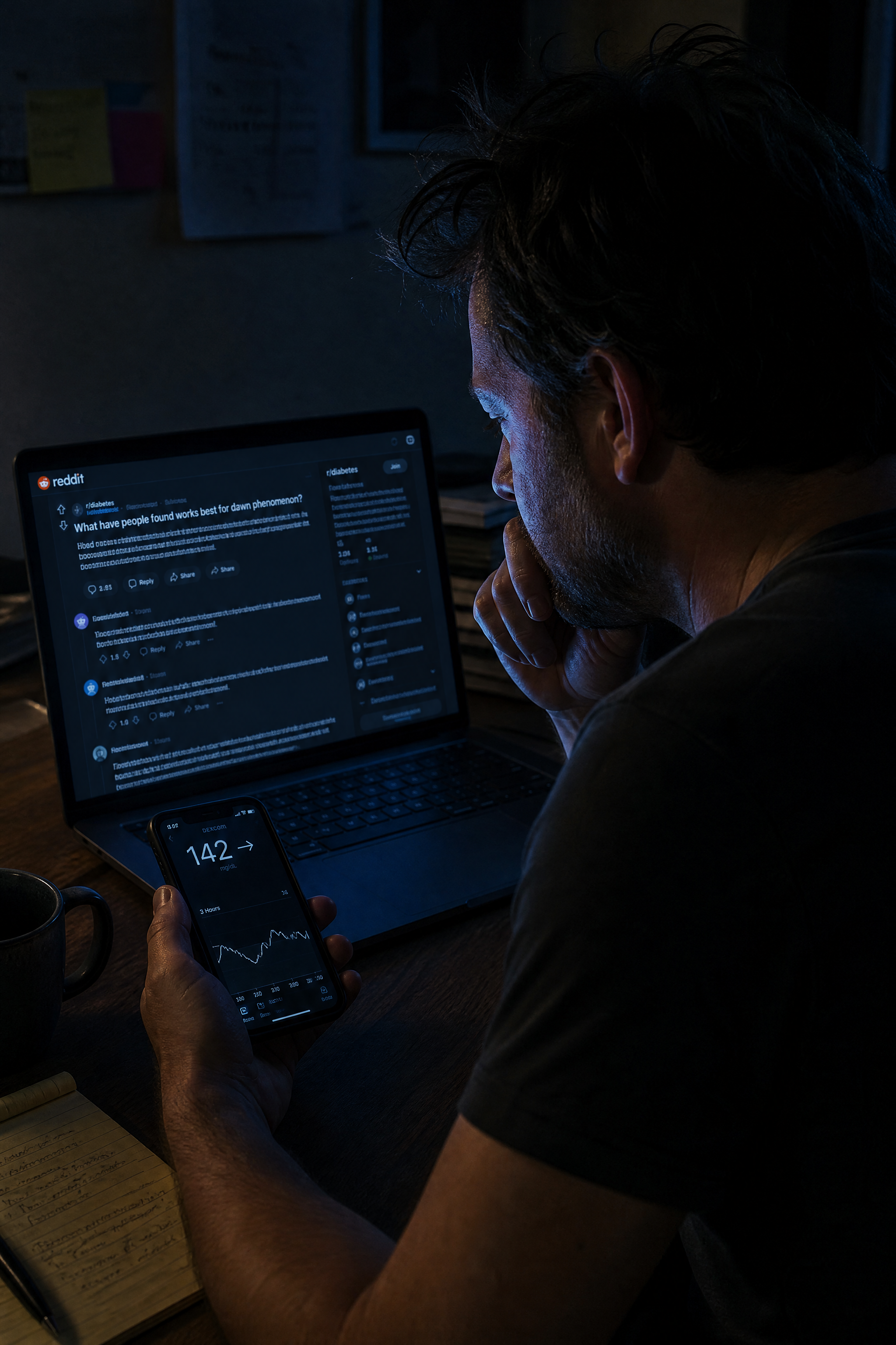 A phone screen with Reddit threads in dim late-night light