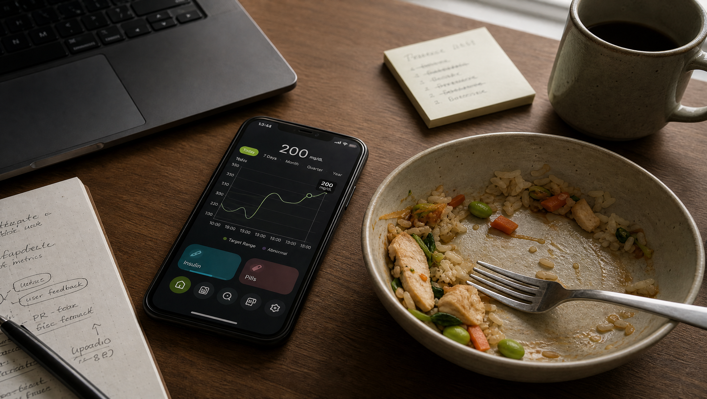 A half-eaten lunch on a desk beside a phone showing a glucose graph